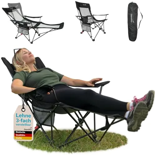 Skandika Campingstuhl Toras mit Fußablage - Camping-Möbel mit 2-in-1 Liegefunktion, verstellbarer Rückenlehne und praktischen Extras wie Getränkehalter und Organizer-Tasche für ultimativen Komfort unterwegs.
