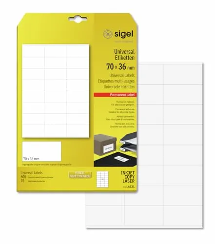 SIGEL LA131 Universal-Etiketten selbstklebend, bedruckbar, weiß, 70 x 36 mm, 600 Etiketten = 25 Blatt