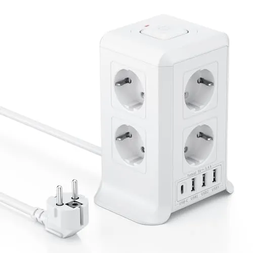 Mehrfachsteckdose mit USB-C, 8 Fach Steckdosenleiste mit Schalter, Steckerleiste mit 4 USB, Mehrfachstecker 2M Verlängerungskabel, Steckdosenwürfel mit Überspannungsschutz für Zuhause, Büro,Küche