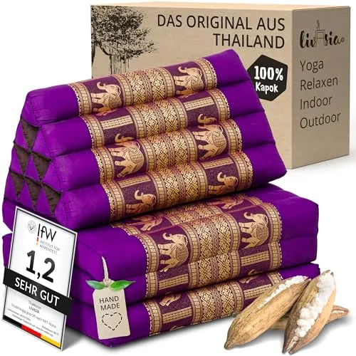 livasia Thaikissen mit 3 Auflagen - 175x55x8cm - Handgefertigtes Dreieckskissen aus Thaiseide - Entspanne stilvoll mit unserem Thaikissen, das sich schnell in eine bequeme Liegewiese verwandelt. Ideal für Yoga, Meditation oder als gemütliches Sitzpolster. Handgefertigt aus nachhaltigen Materialien für ein besonderes Wohngefühl.