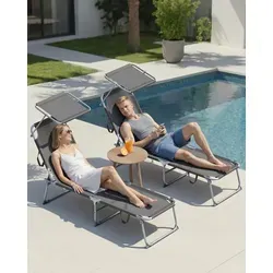 SONGMICS Klappbare Gartenliege mit verstellbarer Sonnenblende - Praktische und belastbare Sonnenliege im 2er Set, ideal für entspannte Stunden im Freien. Robuste Materialien sorgen für Langlebigkeit und Komfort.