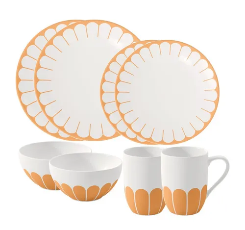Villeroy & Boch Fleur Soleil Starter-Set 8-teilig - DS - Kombiservices Set für 2 Personen, florales Design in warmem Orangeton, spülmaschinen- und mikrowellengeeignet, ideal für herzhafte Gerichte und bunte Salate.