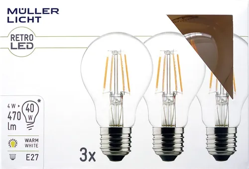 Müller Licht LED Lampe A60 4W 40W 220-240V E27 470lm 2700K Retro-15.000h 2+1 400290