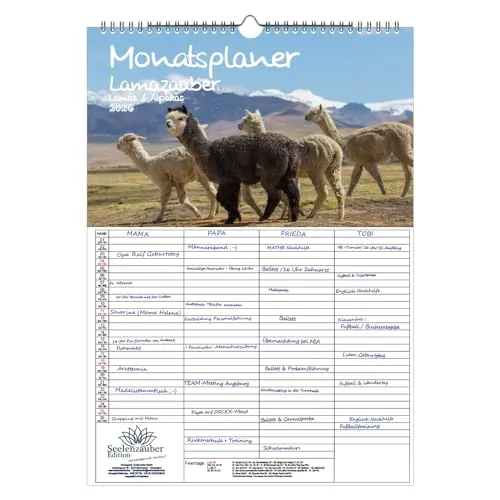 Lamazauber Planer Familienplaner 4 Spaltenplaner DIN A3 Kalender für 2026 Lama Alpaka - Seelenzauber
