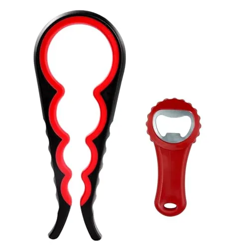 Diompirux 2 Stück Flaschenöffner, 4-in-1 Deckelöffner und kleiner Flaschenöffner, DeckelöFfner für SchraubgläSer, Multi-Funktions Dosenöffner für Schwache Hände, Arthritis, Senioren Menschen (Rot)