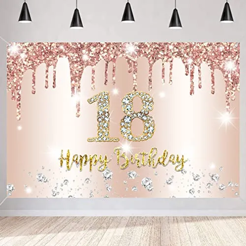 18. Geburtstag Mädchen Deko, 18 Geburtstag Banner Roségold Stoff Schild Plakat, Happy 18 Birthday Hintergrund Banner Mädchen Geburtstagsfeier Deko