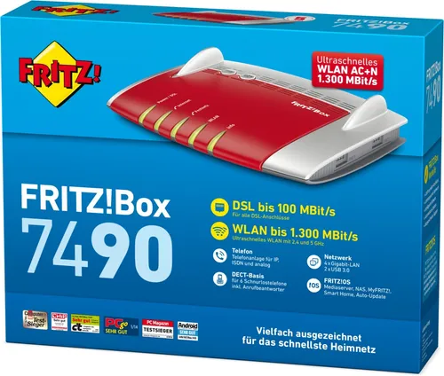 AVM FRITZ!Box 7490 - Hochgeschwindigkeits WLAN Router - Modem-Router-Kombination mit 1.300 Mbit/s (5 GHz) und 450 Mbit/s (2,4 GHz), unterstützt WLAN-Mesh und DECT-Basisstation für bis zu 6 Telefone, ideal für schnelles und flexibles Internet im ganzen Haus.