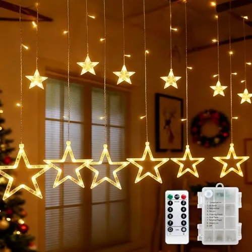 LED Lichterkette Lichtervorhang 2.5M 12 Sternen 138 LEDs Weihnachtsdeko Sternenvorhang Batterie, Timer, Fernbedienung 8 Modi Für Innen Außen, Weihnachten Party, Garten, Balkon, Fenster Warmweiß