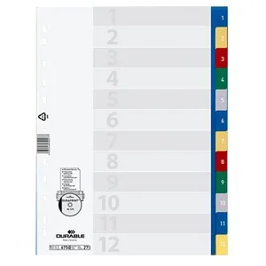 DURABLE Ordnerregister DIN A4 Vollformat 1-12 blau, gelb, rot, grün, grau 12-teilig, 1 Satz