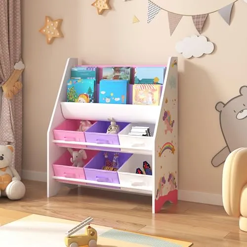 [en.casa] Kinderregal Ponteceso mit Einhorn-Motiv - Kinderzimmerregal mit 2 Ablagefächern und 6 Aufbewahrungsboxen, ideal für Bücher und Spielzeug. Robuste Bauweise und dekoratives Einhorn-Design schaffen eine fantasievolle Atmosphäre.