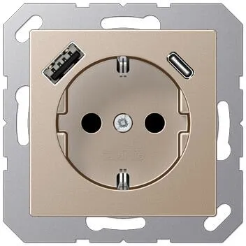 Jung SCHUKO-Steckdose mit USB-Ladegerät Typ C+A (champagner) - Steckdosen & Zubehör mit integriertem USB-Ladegerät Typ C+A für schnelles Laden und erhöhtem Berührungsschutz in elegantem champagner Design.