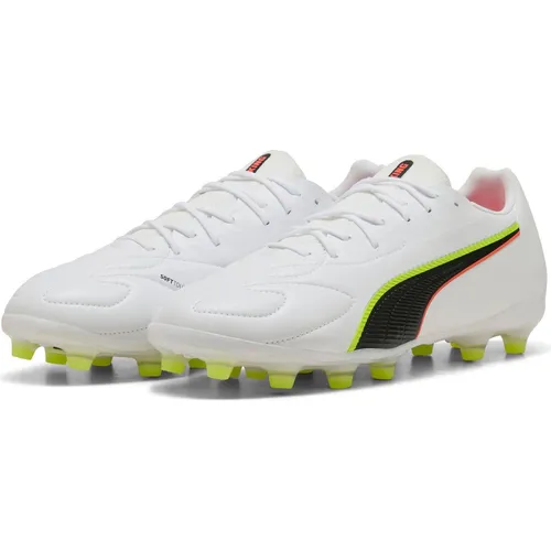 Puma King 20 Match Fg/Ag Fußballschuhe in Weiß-Rot-Gelb - Die Puma King 20 Match Fg/Ag Fußballschuhe kombinieren Stil und innovative Technologie. Mit einem superweichen Obermaterial für präzise Ballkontrolle und individuell anpassbarer Fersenpolsterung bieten sie optimalen Komfort auf festen und künstlichen Böden.