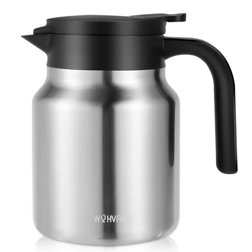WYHVAND 1L Thermoskanne aus Edelstahl, Isolierkanne und Kaffeekanne für Heiß- und Kaltgetränke, staubdicht, ideal für Zuhause, Büro oder Party, Silber