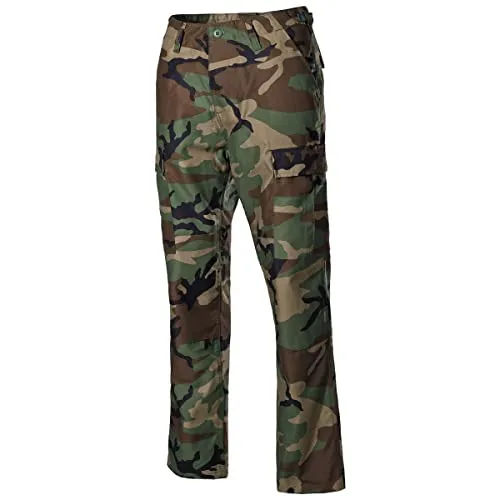 MFH Herren US BDU Kampfhose Woodland XXL - Robuste Wanderhose mit verstärkten Knien, ideal für Outdoor-Aktivitäten. Verstellbare Taille und viele praktische Taschen für optimale Funktionalität.