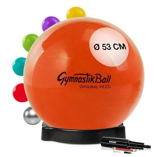 Original Pezziball Standard 53 cm orange mit Ballschale & Pumpe - Gymnastikball mit 400 kg Belastbarkeit, latexfrei und elastisch. Inklusive Ballschale, die das Wegrollen verhindert, und einer Doppelhub-Pumpe für einfachen Einsatz.