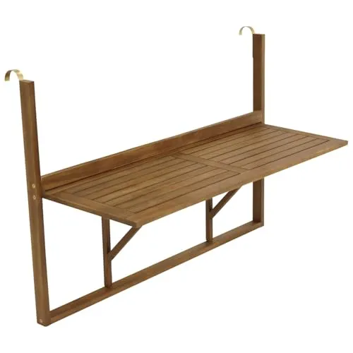 DEGAMO Balkonhängetisch 120x40cm klappbar - Gartentisch aus FSC-zertifiziertem Akazienholz, witterungsbeständig und platzsparend klappbar. Ideal für Geländer bis 60cm Dicke.