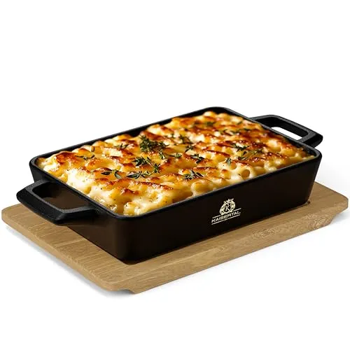 KAISERTAL Servierpfanne Gusseisen 16x11cm – Pfanne mit 2 Griffen & Holzuntersetzer – Servierpfanne Klein Induktion – Gusseiserne Gusspfanne oval für Backofen & Grill (Quadratisch 1 Stück)