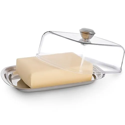 KADAX Butterdose, Butterglocke mit Klarsichtdeckel aus Kunstoff, Untersetzer aus Edelstahl, mit ergonomischem Griff, mattiert, modern, spülmaschinenfest