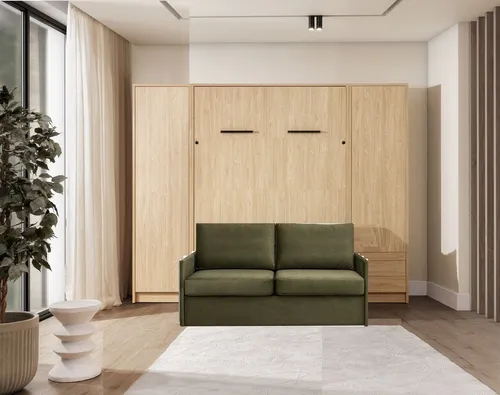 QMM TraumMöbel Schrankbett Wandbett GN 140x200 eiche geölt mit LED, 2 Schränken und Sofa (Set, 4-St., Schrankbett vertikal 140x200 mit Sofa und 2 Schränken) vertikal klappbar, mit LED-Beleuchtung mit Fernbedienung