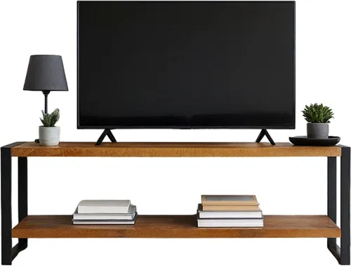 TV Schrank Britt aus Mangoholz und Stahl, 120 cm - Moderner TV-Schrank Britt aus warmem Mangoholz und robustem Stahl. Bietet großzügige Ablageflächen und einen offenen Stauraum für Mediengeräte. Ideal für einen luftigen Look im Wohnzimmer.