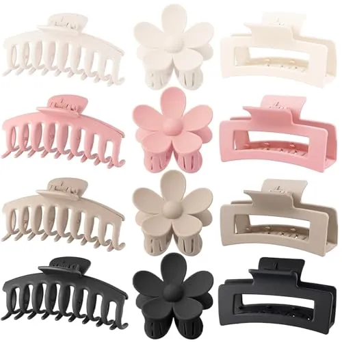 Große Haarklemmen 12 Stück Blumen-Haarklemmen für dickes Haar große Haarklemmen niedliche Haarklemmen 3 Stile Haarklemmen für dünnes Haar Frauen (Weiß, Schwarz, Rosa, Kaffee)