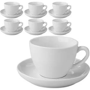 Esmeyer Kaffeetassen Bistro Set, 12-teilig - Thermobehälter Set aus 6 weißen Cappuccinotassen mit Untertassen, spülmaschinen- und mikrowellengeeignet, ideal für stilvolle Kaffeepausen.