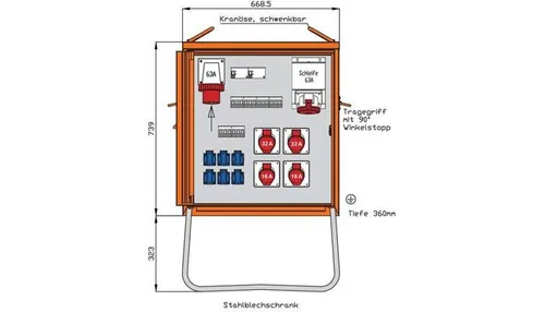 Walther WEV0801R1 Endverteiler 44kVA - Baustromverteiler mit 44kVA Anschlussleistung, robustem Gehäuse aus verzinktem Stahl und IP44 Schutz, ideal für Baustellen und temporäre Stromversorgung.