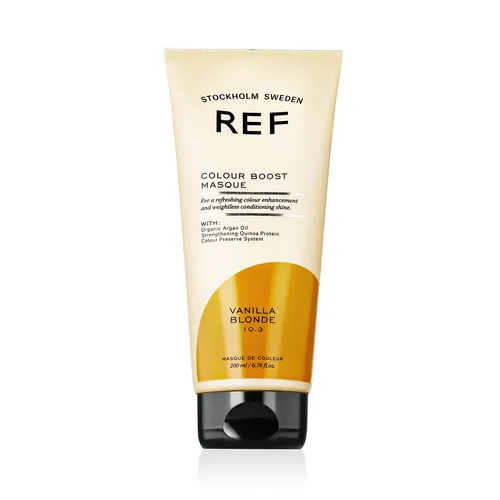 Ref. REF Colour - Boost Maske Vanilla Blonde 200 ml - Intensive Pflege für blondiertes Haar, sorgt für strahlenden Glanz und geschmeidige Textur. Ideal für die tägliche Anwendung.