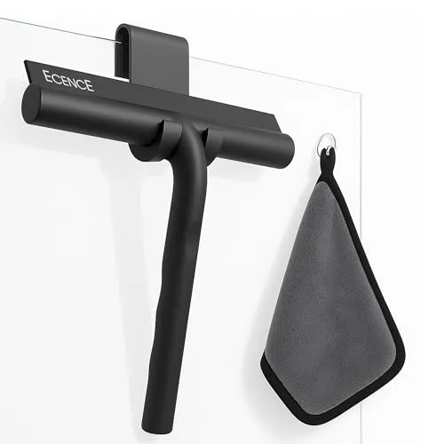 ECENCE Duschabzieher Schwarz Silikon, Duschwischer mit Halterung ohne Bohren + Mikrofasertuch, Fensterabzieher Edelstahlkern, Duschkabinenabzieher, Glasabzieher 21cm