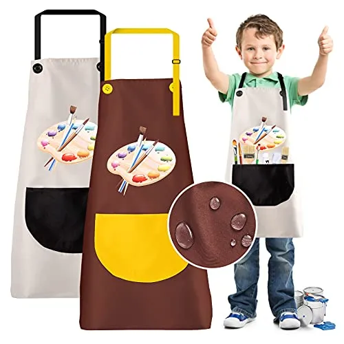 KEELYY 2 Stück Schürze Kinder Wasserdicht mit Taschen, Kochschürze Kinder Malschürze Jungen Mädchen, Verstellbare Schürzen für Malen Basteln Backen Kochen, 7-12 Jahre