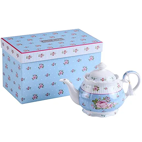London Boutique Porzellan-Teekanne, Shabby-Chic-Stil, Vintage-Blumenmuster, in Geschenkbox (Teekanne Rose Blue)