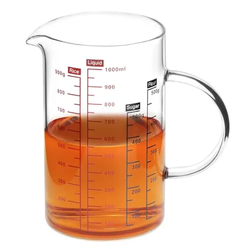 QWORK® 1L Borosilikatglas Messbecher, Mehrfachskalierung ml/oz/Tasse, Hitze- und Kältebeständig, Mikrowellengeeignet zum Backen