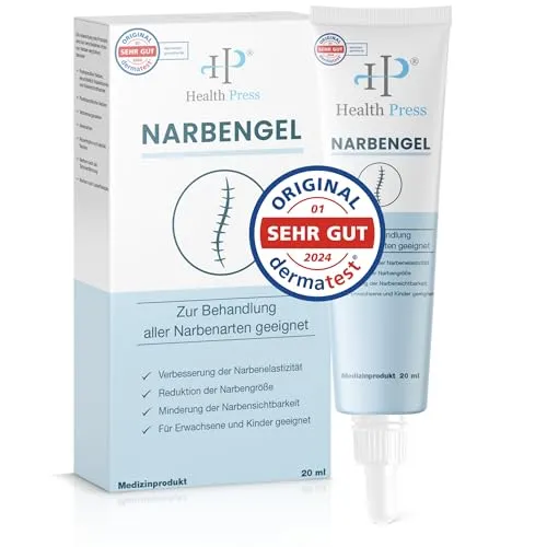 Health Press® Narben Gel 20 ml – Effektive Narbenpflege für Erwachsene & Kinder - Medizinprodukt zur Reduzierung der Sichtbarkeit von Narben, ausgezeichnet mit „SEHR GUT“ von Dermatest. Ideal für postoperative, aknebedingte und andere Narbenarten.