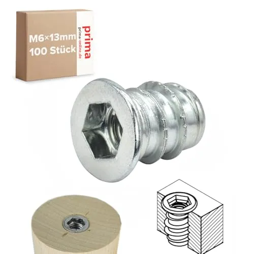 Einschraubmutter M6 x 13 mm – Einschraubmuffen/Eindrehmuffen aus verzinktem Stahl – Innengewinde für Holzbau & Möbelbau (100 Stück)