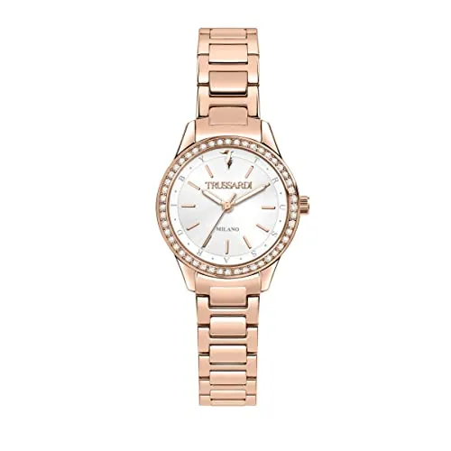 TRUSSARDI T-Himmel Damenuhr – Elegante Armbanduhr in Roségold und Silber - Armbanduhren für Frauen, stilvolle Quarz-Uhr mit 30 mm Edelstahlgehäuse und elegantem, runden Zifferblatt in Silber – ideal für jeden Anlass.
