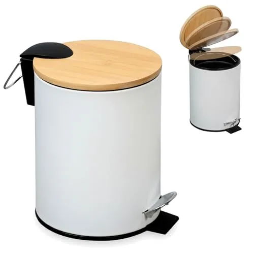 LS-LebenStil Tretmülleimer Papierkorb 3L Weiß Matt Rund mit Softclose Holz Deckel Treteimer Fußpedal Mülleimer Kosmetikeimer Bad Badezimmer Küche Badmülleimer Abfalleimer