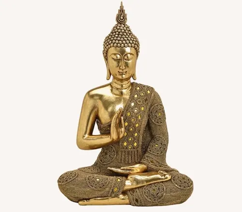 Große Wurm Buddha Figur 48cm - Goldene Thai Buddha Statue mit Abhaya Mudra - Sammlerfigur: Imposante 48cm große Buddha Statue in Gold, kunstvoll verziert mit Perlen und Steinchen. Ein wahrer Eyecatcher für Glück und als Geschenkidee.