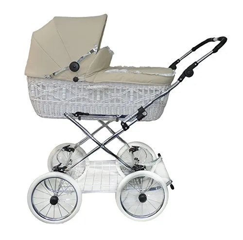 Eichhorn SEN-WW-K045-RF-EVA Weidenkorbkinderwagen mit Lederriemengestell Korb Weide weiß, EVA-Rad, Stoff beige