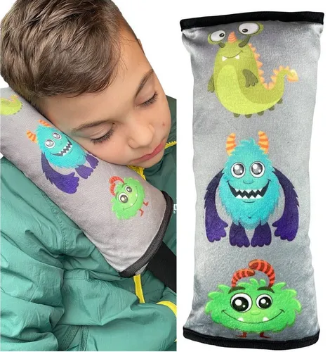 HECKBO Schlafkissen Auto Schlafkissen Monster Motiv für Kinder Mädchen Jungen - maschinenwaschbar – kuschelweich - Auto Gurtkissen, Gurtschoner, Gurtschutz Sitzerhöhung, Auto Kissen, Reisekissen, Urlaub