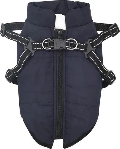 vidaXL Hundemantel mit Geschirr Marineblau L – Verstellbare Winterjacke für Hunde