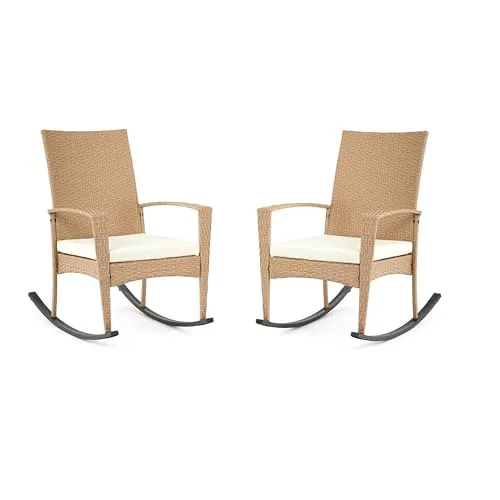 Mondeer Garten Schaukelstuhl 2er Set, Outdoor GartenStuhl Schwingsessel mit Kissen Abnehmbares und Armlehnen, Polyrattan, für Garten Balkon Terrasse, Beige, 57 x 85 x 96 cm