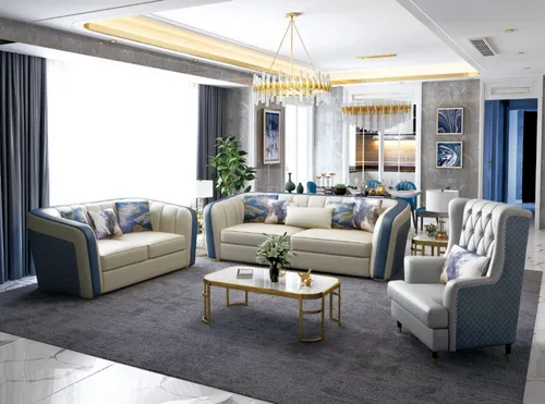 Designer Couch Garnitur 3+2+1 Sitzer in Blau - Moderne 3-tlg. Couchgarnitur für bis zu 6 Personen. Bequem gepolstert mit hochwertigem Leder und Polyester, ideal für jedes Zimmer. Stilvolles Design für ein einladendes Zuhause.