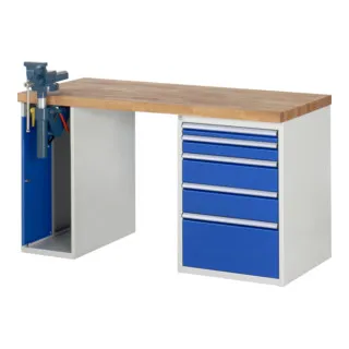 Rau Werkbank Modell 7511 mit 5 Schubladen - Standardwerkbank mit robuster Buche-Massiv-Arbeitsplatte, 1000 kg Flächenlast und 5 praktischen Schubladen für optimale Werkstatteffizienz.
