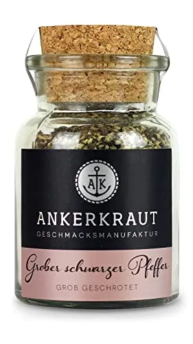 Ankerkraut Grober schwarzer Pfeffer, Pfeffer zum Kochen und Grillen oder mit Olivenöl auf Baguette, Pfefferkörner schwarz, Pfeffer für Mühle, 70 g im Korkenglas