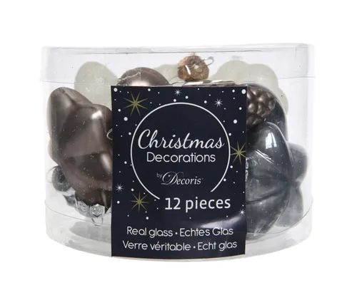 Kaemingk Christbaumschmuck, Christbaumschmuck Figuren Mix Glas 4cm 12er Set - Braun / Grau / Weiß