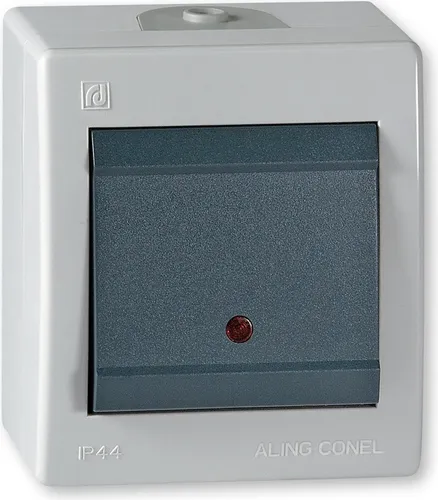 Ein/Aus Aufputz Schalter mit Glimmlampe (Kontrollleuchte) IP 44 Grau mit Wippe in Anthrazit