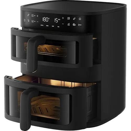 AEG Doppelkorb‑Heißluftfritteuse 11 L, 2 Fächer für Paralleles Frittieren Backen Grillen Dörren, Sichtfenster & Innenbeleuchtung, 8 Automatikprogramme, Spülmaschinenfest, Touch‑LED‑Display, AAFD11B