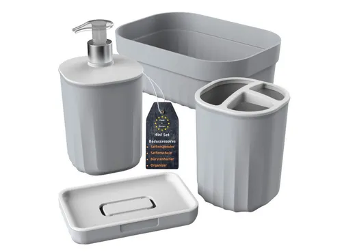 Engelland Badaccessoire-Set Badezimmer-Set, 4-teilig, bestehend aus Seifenspender, Seifenschale, Zahnbürstenhalter & Organizer, Vorteils-Set, 4 tlg., 4-teilig, modernes Design, robuster Kunststoff, BPA-frei, Rillen-Optik