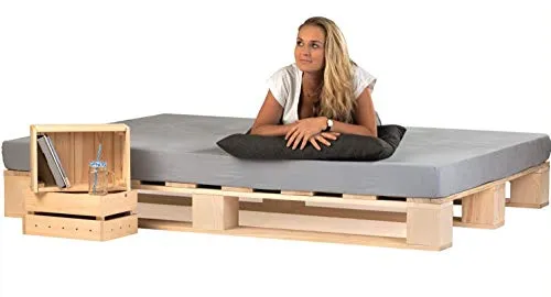 sunnypillow Palettenbett 140x200 cm aus Fichte - Stilvolles Massivholzbett aus handgefertigten Paletten für gesunden Schlaf. Extrem stabil mit über 450 kg Belastbarkeit und kinderleichter Montage.