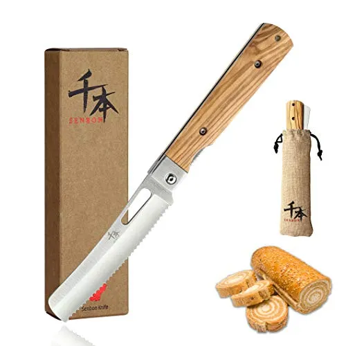 SENBON 440A Stainless Steel Pocket Folding Japanese stil Bread Knife Natural Olive Handle Camping Trip Outdoor Portable Knife